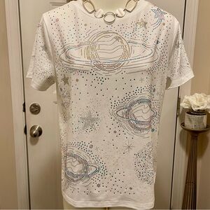 TWELFTH LOVE White T-Shirt CRYSTAL PLANET AND STAR DESIGN NWT MISSES SIZE LARGE